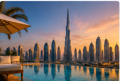 Dubai skyline viewed from a pool terrace