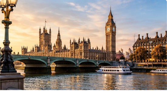 London riverside and Westminster at golden hour
