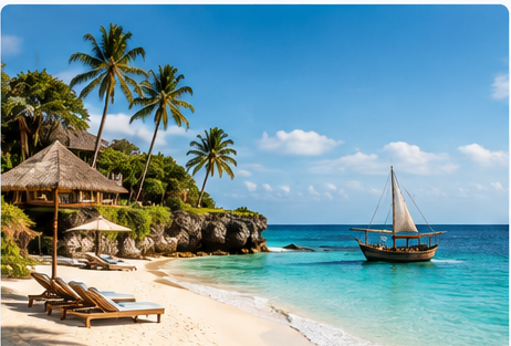 Zanzibar beach with palms and sailing boat