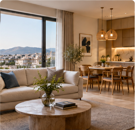 Contemporary apartment living room with mountain view