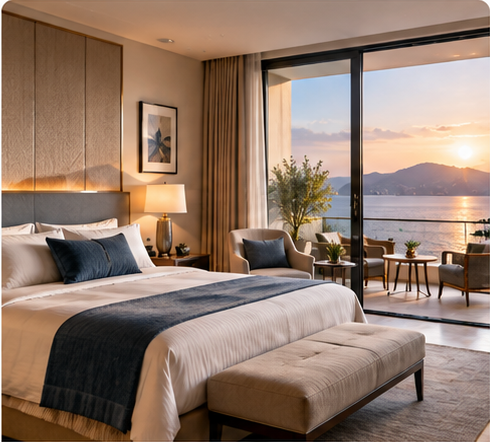 Elegant hotel bedroom with sea view