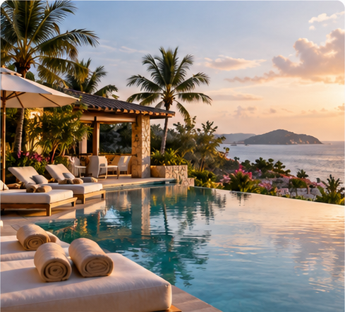 Luxury resort pool overlooking the sea