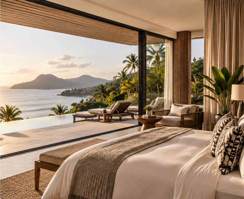 Luxury bedroom opening to a coastal terrace