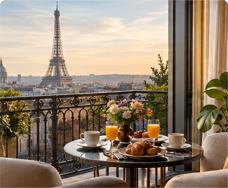 Paris city view from a hotel balcony