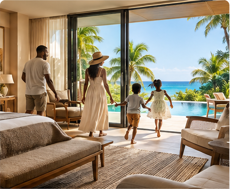 Family entering a resort suite beside the ocean