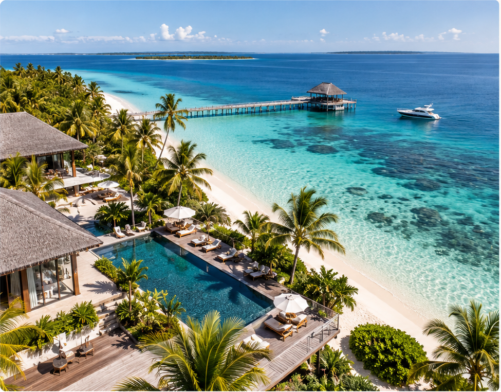 Aerial view of a tropical resort and clear blue water