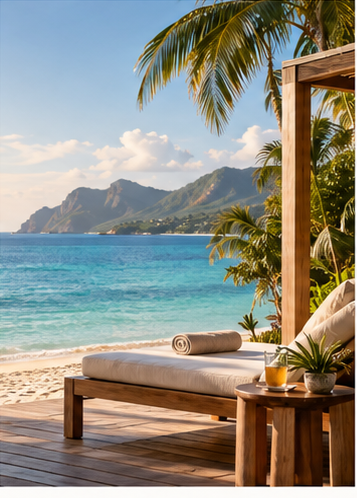 Beach lounger beside turquoise water and palm trees