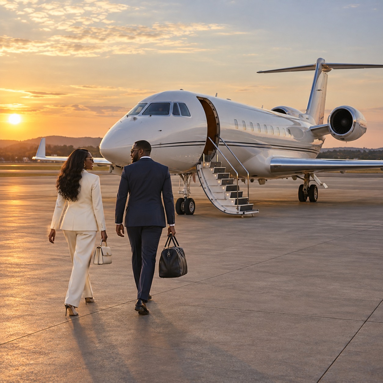 Two travellers with luggage approaching a private jet at sunset