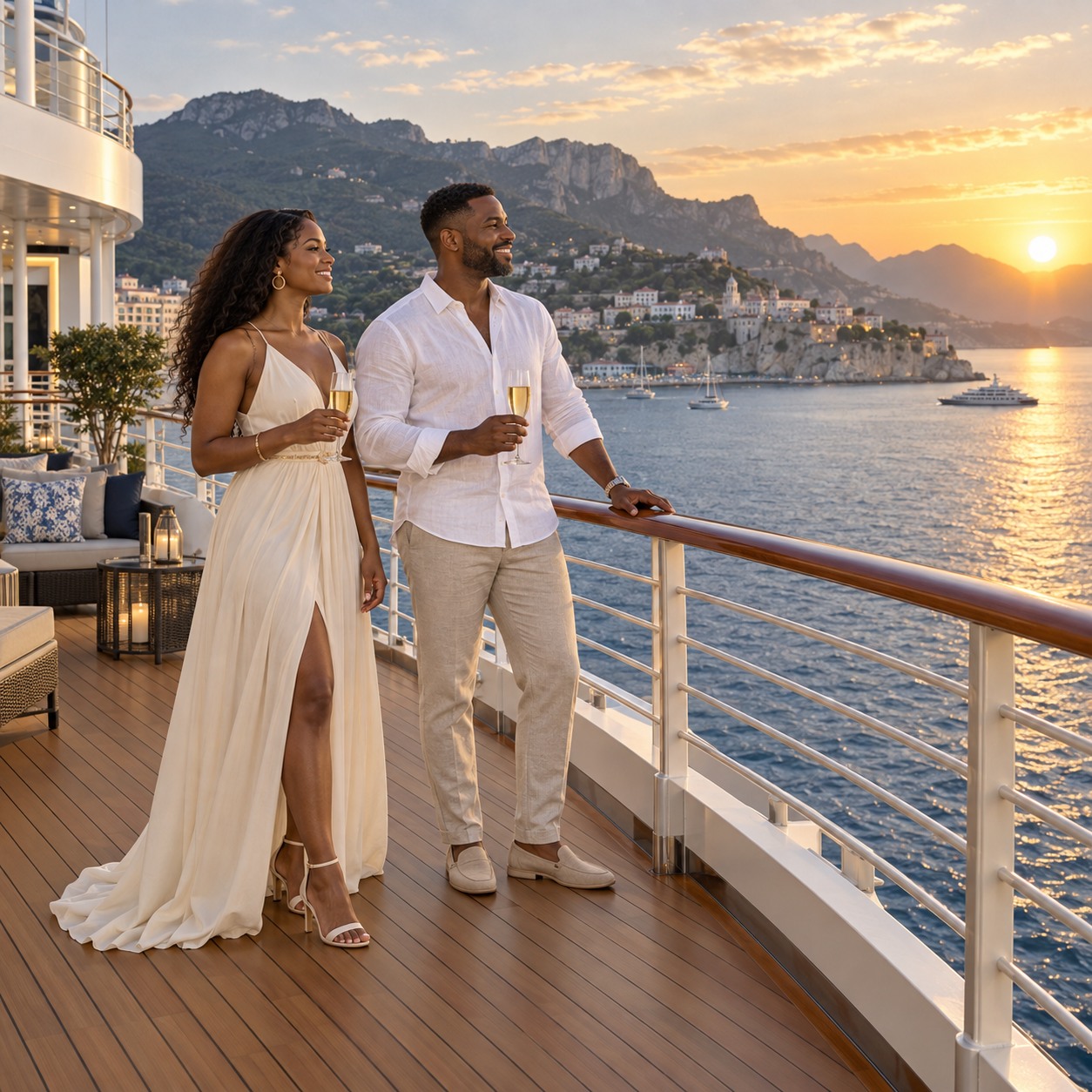 A couple enjoying a sunset on a cruise deck overlooking a mountainous coastline
