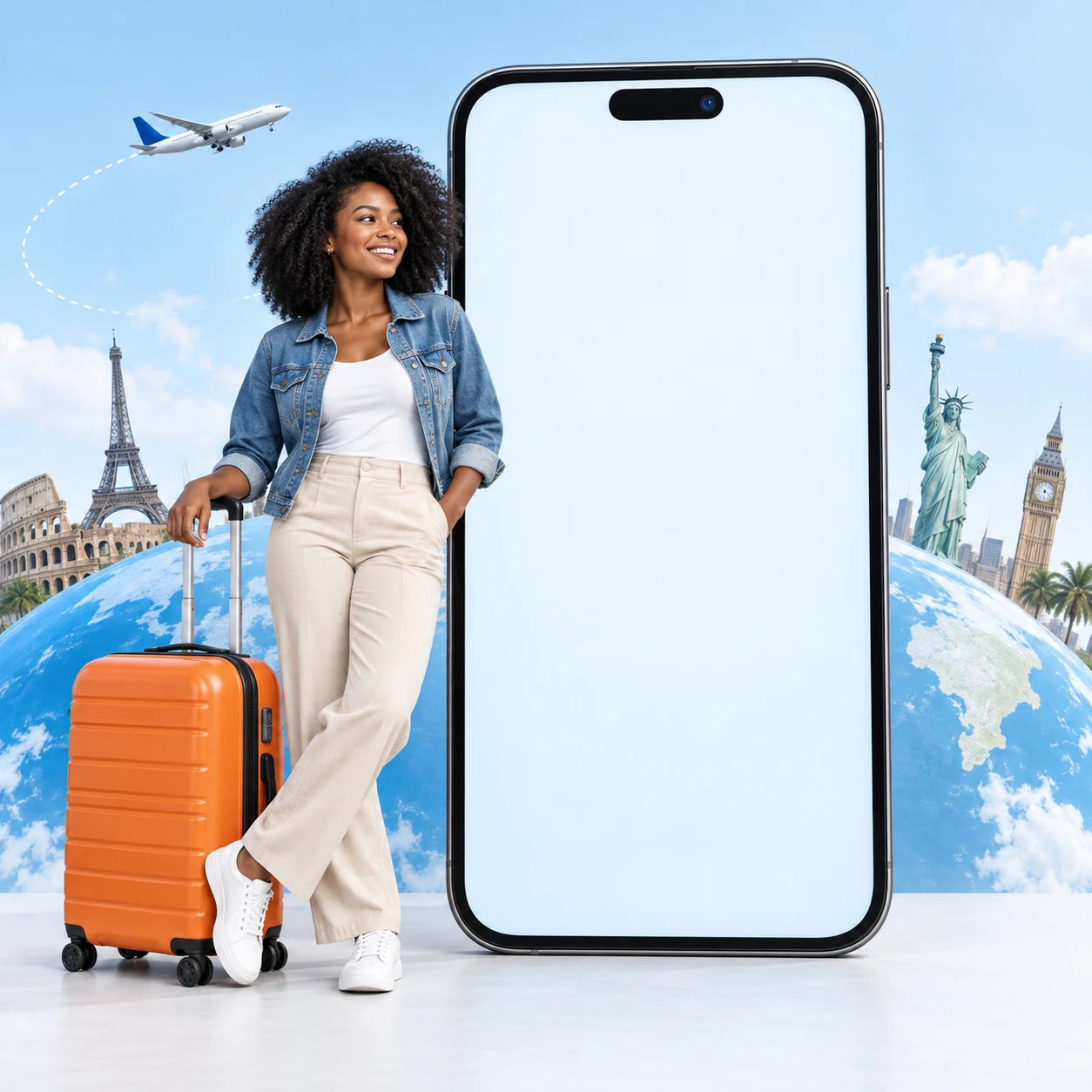 A traveller with luggage beside a smartphone and international travel landmarks