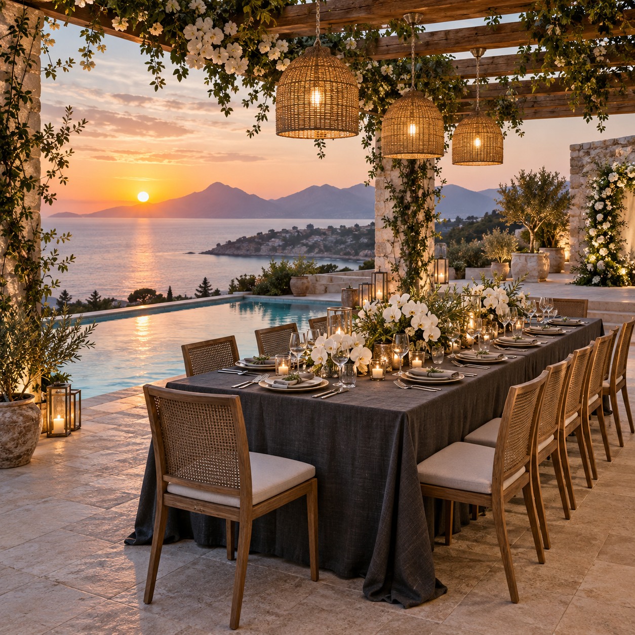A candlelit event table with white flowers overlooking a coastal pool at sunset