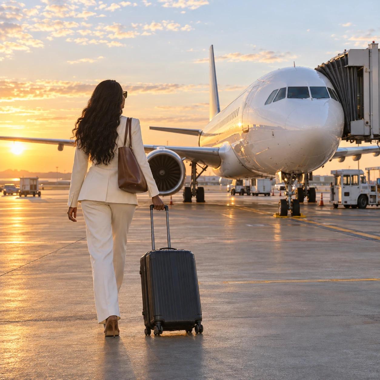 A traveller walking with luggage toward a passenger aircraft at sunrise