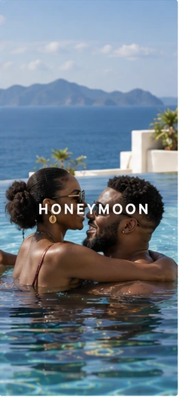 A honeymoon couple relaxing together in an infinity pool