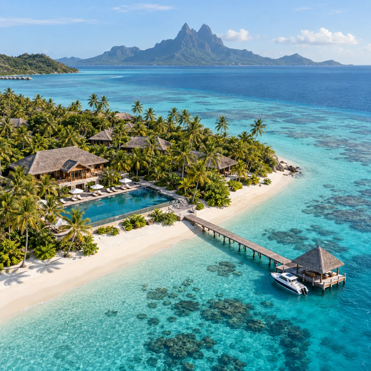 A tropical island resort with villas, beach, pool, jetty and turquoise lagoon