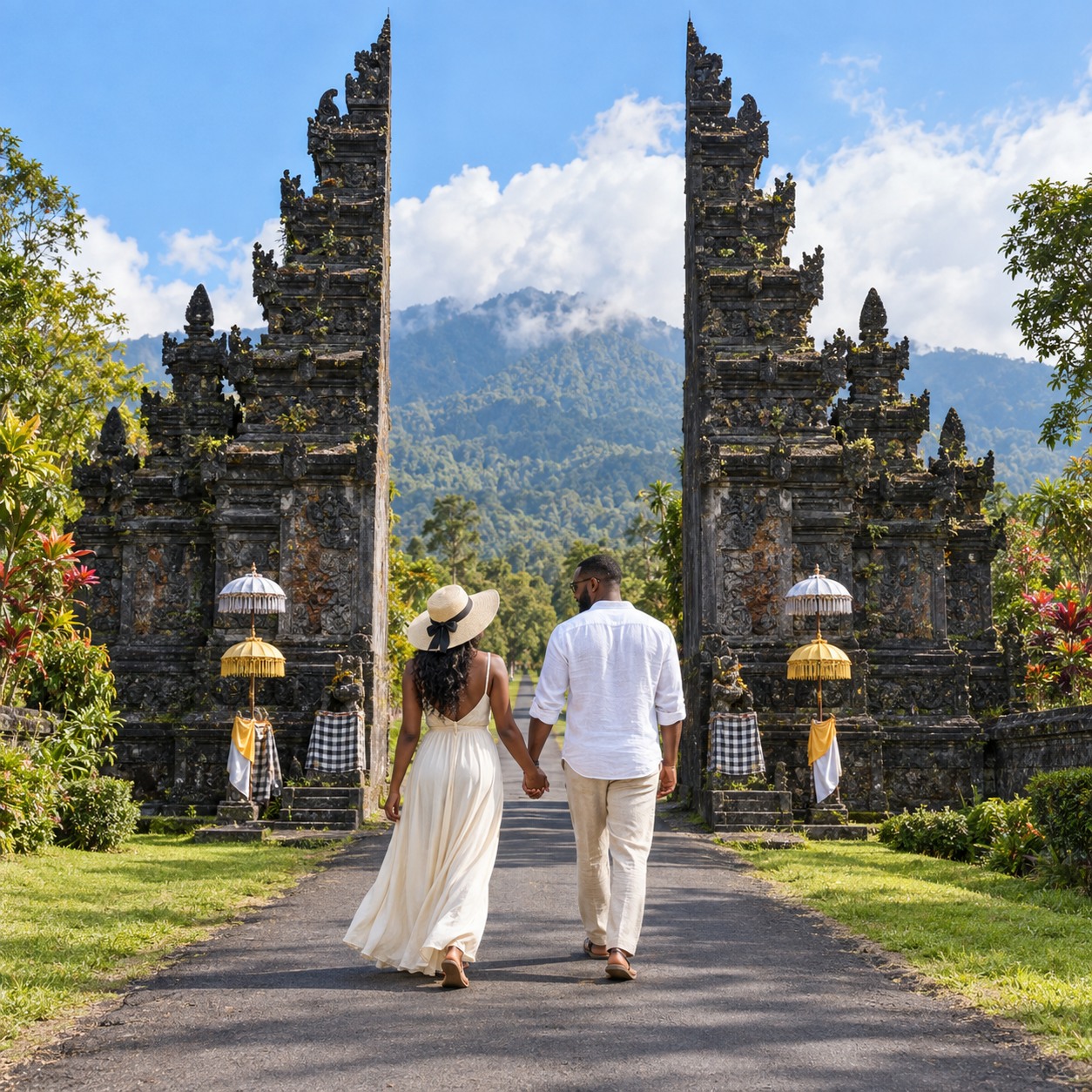 A couple walking together through a traditional Balinese split gate toward a mountain landscape