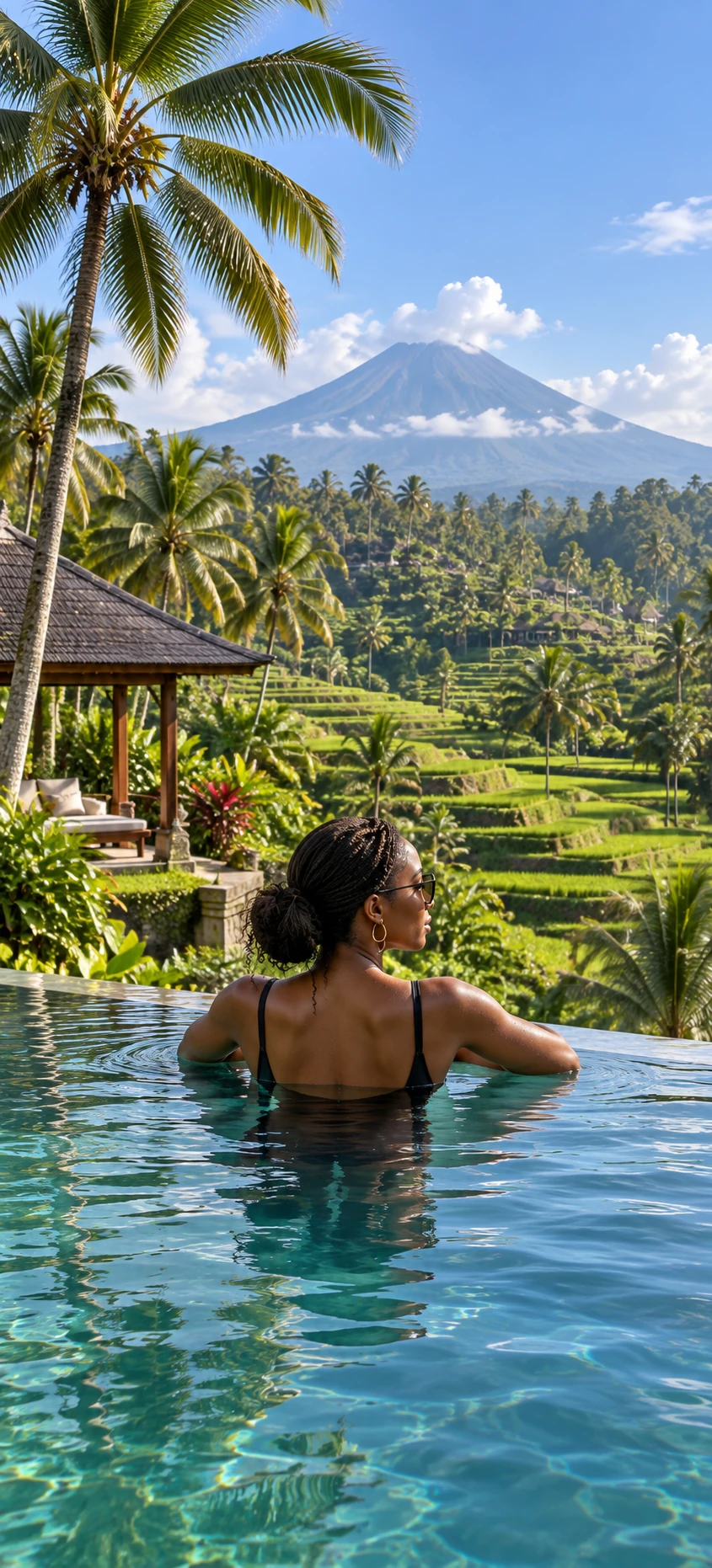 A Black woman relaxing above Bali’s rice terraces and volcanic landscape