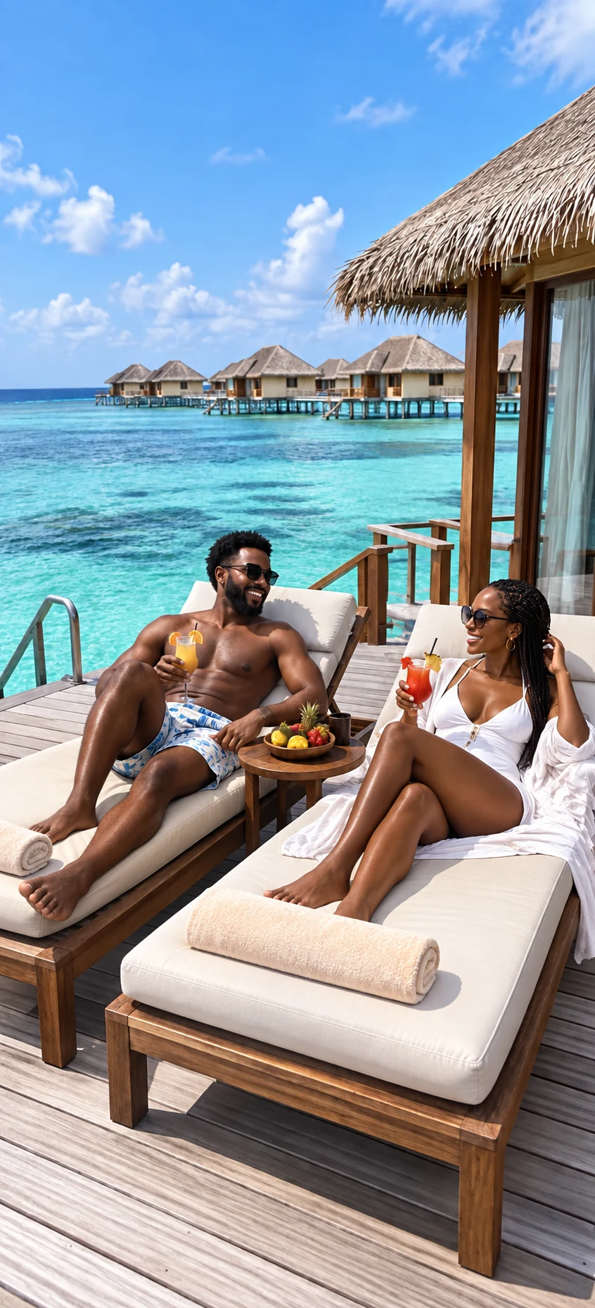 A couple relaxing on an overwater villa deck in the Maldives