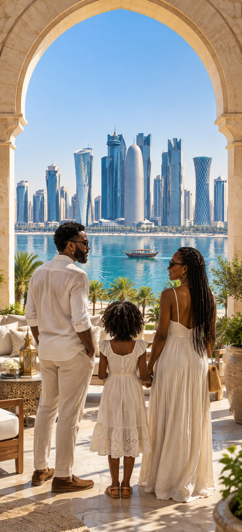 A Black family overlooking Doha’s skyline through a stone arch