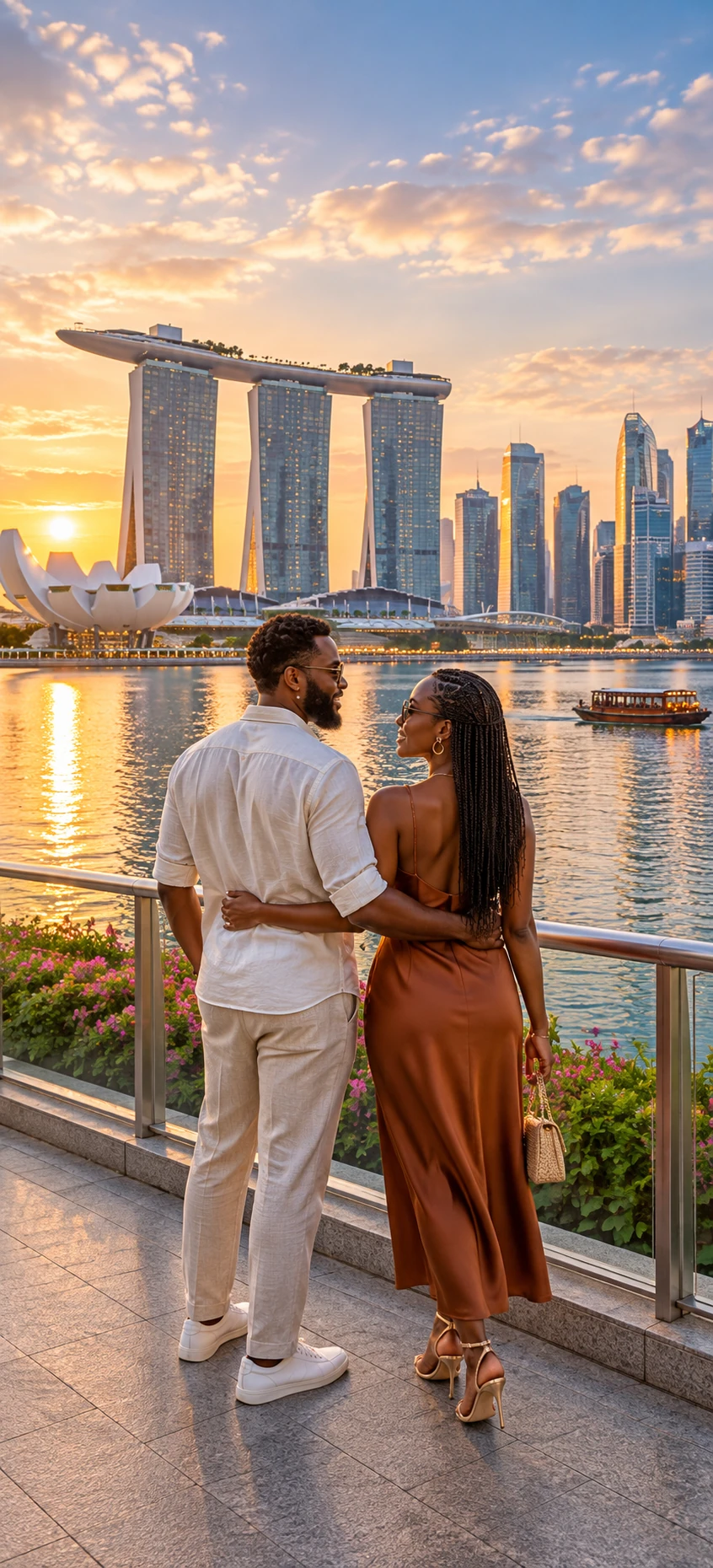 A Black couple overlooking Singapore’s Marina Bay skyline