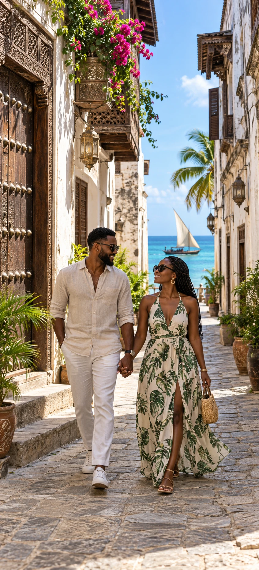 A Black couple exploring the architecture and coast of Zanzibar’s Stone Town