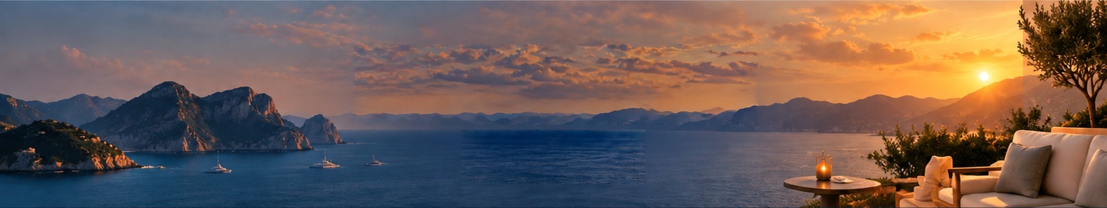 A coastal terrace overlooking sailboats, rocky islands and the sea at sunset