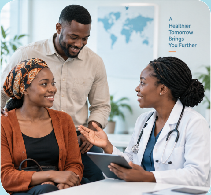 Healthcare professional speaking with Black medical travel clients during a consultation