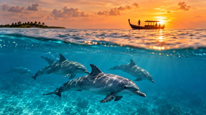 Maldives dolphins beneath a sunset cruise boat