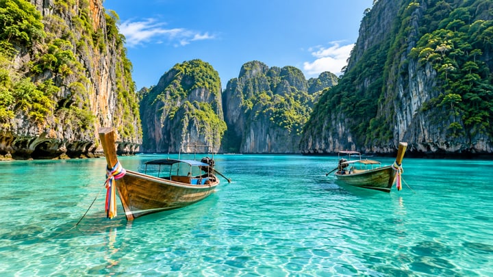 Phi Phi Islands lagoon with tour boats