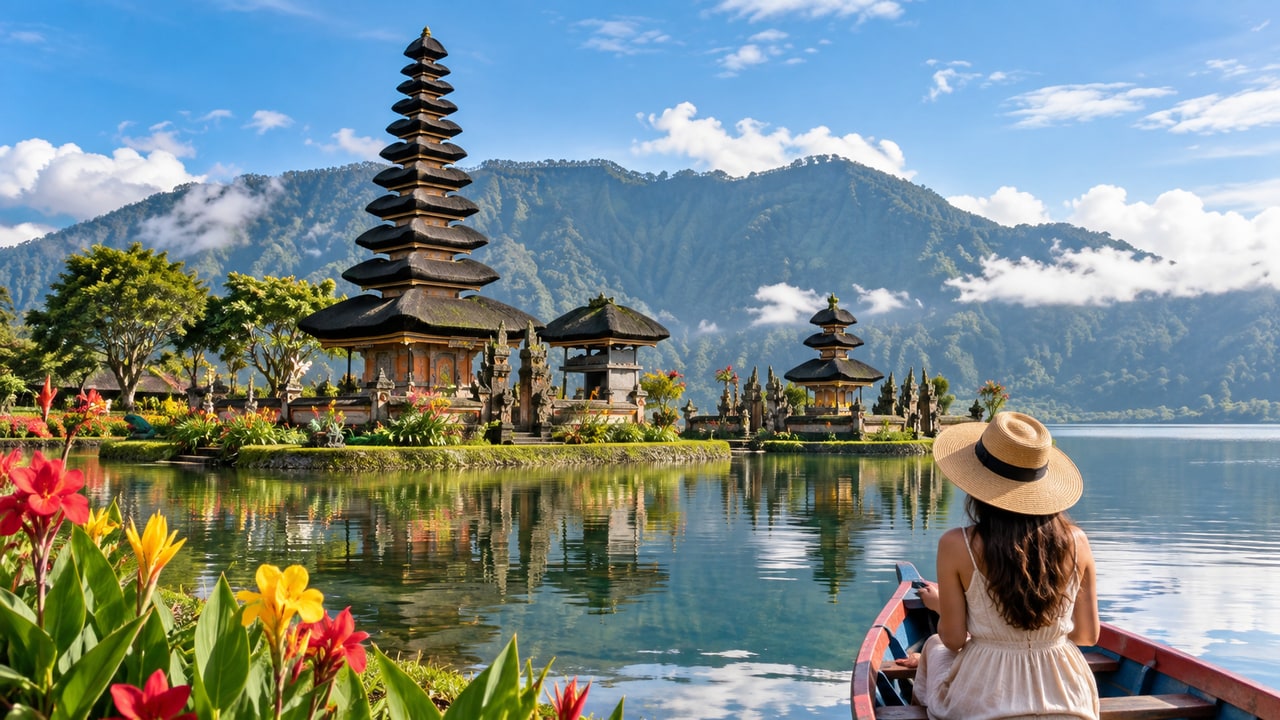 Bali lake temple tour experience with mountains and a traveller in a boat